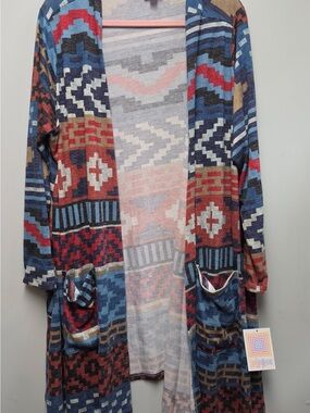 LuLaRoe Aztec Open-Front Cardigan in Blue, Red, Cream, Tan